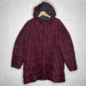 J.Jill Women’s Long Hooded Down Puffer Coat Burgundy Size Large